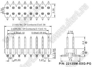 2213SM-38G-6036-PG вилка открытая прямая двухрядная с направляющими на плату для поверхностного (SMD) монтажа; шаг 2,54 x 2,54 мм; (2x19) конт.