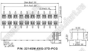 2214SM-28G-37D-PCG розетка двухрядная прямая с направляющими на плату для поверхностного (SMD) монтажа с захватом; P=2,54мм