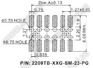 2200TB-70G-SM-23-PCG розетка прямая двухрядная (гнездо) на плату для поверхностного (SMD) монтажа с направляющими, с обратным входом и захватом, шаг 1,27x1,27мм, h=2,3мм; 2x35конт.