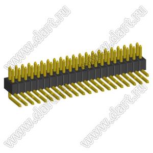 2199R00-42G-301523 вилка штыревая открытая угловая двухрядная на плату для монтажа в отверстия, шаг 1,27 x 1,27 мм, 2x21конт.