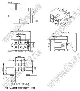 3000WR-S-2X01P (Micro-Fit 3.0™ MOLEX 043045-0209, MF30-SHE1-02) вилка на плату двухрядная угловая SMD; шаг 3,0мм; 2x1-конт.