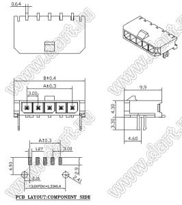 3000WR-S-F-11P (Micro-Fit 3.0™ MOLEX 043650-1109) вилка на плату однорядная угловая SMD с защелками в плату шаг 3,0 мм; 11 конт.; шаг 3,0мм; 11-конт.