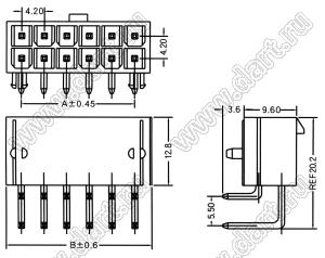 4200WR-F-2X01P (MF-2x01R, Mini-Fit Jr.™ MOLEX 39300020) вилка угловая двухрядная с направляющими в плату; шаг 4,2мм; 2x1-конт.