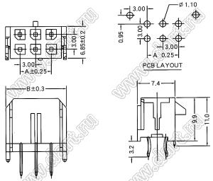 3000WV-2x03P (Micro-Fit 3.0™ MOLEX 043045-0612, 5561S-06) вилка на плату двухрядная прямая; шаг 3,0мм; 2x3-конт.