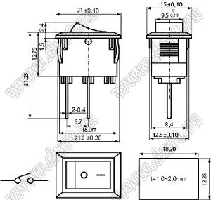 KCD11-A-101O13BB переключатель клавишный ON-OFF; 15,0х10,5мм; 3A 250VAC/6A 125VAC; толкатель черный/корпус черный; без подсветки;  маркировка "O I"; терминалы PC прямые