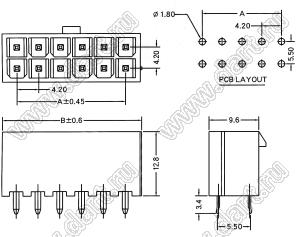 4200WVK-2X03P (4200WVK-6X01P 5566S-06, MF-06S, MF-6x1МА, MF-6MA, Mini-Fit Jr.™ MOLEX 39281063) вилка на плату прямая двухрядная с выводами в плату плоского сечения; шаг 4,2мм; 2x3-конт.