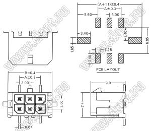 3000WV-S-2X08P (Micro-Fit 3.0™ MOLEX 043045-1618, MF30-SVE1-16) вилка на плату двухрядная прямая SMD; шаг 3,0мм; 2x8-конт.