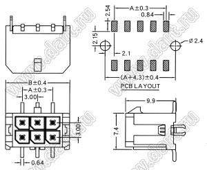 3000WV-S-F-2X01P (Micro-Fit 3.0™ MOLEX 043045-0215) вилка на плату двухрядная прямая SMD с защелками в плату; шаг 3,0мм; 2x1-конт.