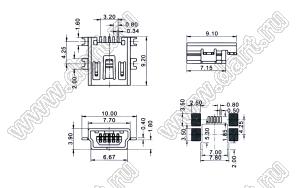 U148-0155-H6161 (US01-312) розетка мини USB2.0 для выводного монтажа, 5 конт. (выводы приподняты на 1,8 мм относительно плоскости основания)