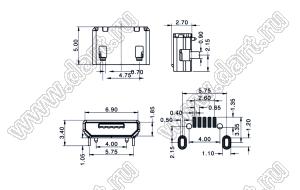 US01-664 розетка микро USB2.0 для поверхностного (SMD) монтажа, тип B, 5 конт.
