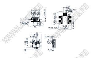 US10-108 розетка мини USB2.0 для поверхностного (SMD) монтажа, 5 конт.