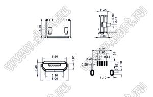 US01-046 розетка микро USB2.0 для поверхностного (SMD) монтажа, тип B, 5 конт.