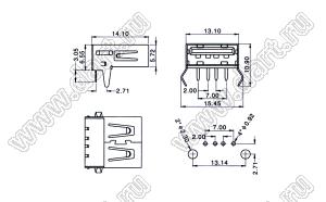 US01-088 розетка USB2.0 на плату для выводного монтажа угловая горизонтальная тип A