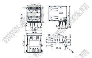 US01-225ST (5075AR-08B-WH) сдвоенные розетки USB2.0 на плату для выводного монтажа угловые горизонтальная тип A