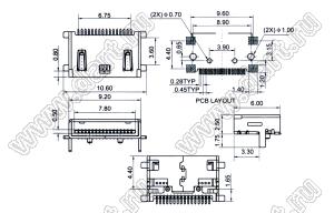 US10-051 розетка мини USB2.0 для поверхностного (SMD) монтажа, 16 конт.