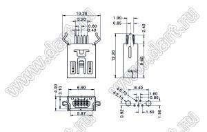 US01-374 (USB 05-BF) розетка мини USB2.0 для выводного монтажа, 5 конт., вертикальный, 180 гр.