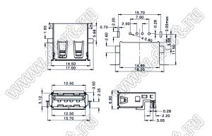 US01-563 розетка USB2.0 на плату для выводного монтажа угловая горизонтальная тип A