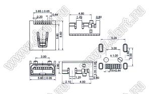 US10-060 розетка мини USB2.0 для поверхностного (SMD) монтажа, 8 конт.