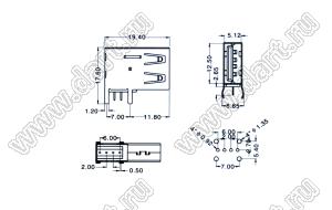 US01-592 розетка USB2.0 на плату для выводного монтажа угловая вертикальные тип A