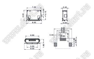 US01-526 розетка микро USB2.0 для поверхностного (SMD) монтажа, тип B, 5 конт.
