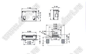 US01-662 розетка микро USB2.0 для поверхностного (SMD) монтажа, тип B, 5 конт.
