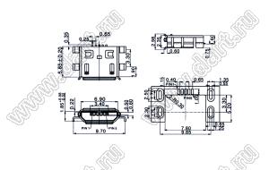 US10-100 (USB-micro 5PIN/F 90deg SMD) розетка микро USB2.0 для поверхностного (SMD) монтажа, 5 конт.