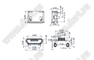 US01-527 розетка микро USB2.0 для поверхностного (SMD) монтажа, тип B, 5 конт.