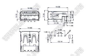 US01-630 розетка USB2.0 на плату для выводного монтажа угловая горизонтальная тип A