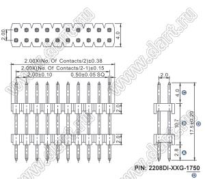 2208DI-22G-1750 (2x11) вилка открытая прямая двухрядная с двойным изолятором на плату для монтажа в отверстия; шаг 2.00x2.00мм; A=2,8мм; B=10,7мм; C=4.0мм; D=17.5мм; 2x11-конт.