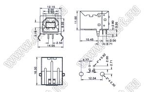 US01-314ST розетка USB2.0 на плату для выводного монтажа угловая тип B