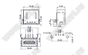 US01-503 розетка USB2.0 на плату для выводного монтажа угловая горизонтальная тип A