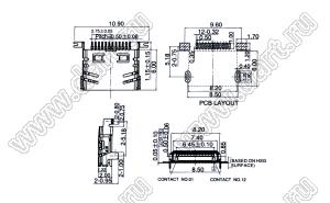 US10-041 розетка мини USB2.0 для поверхностного (SMD) монтажа, 12 конт.