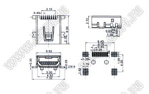 US10-059 розетка мини USB2.0 для поверхностного (SMD) монтажа, 8 конт.