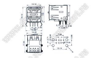 US01-217 сдвоенные розетки USB2.0 на плату для выводного монтажа угловые горизонтальная тип A