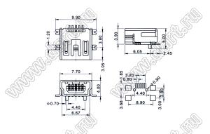 US01-308 розетка мини USB2.0 для поверхностного (SMD) монтажа, 5 конт.