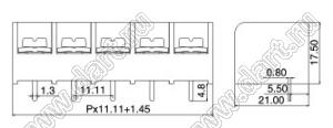 HB66-11.11-08P-13 клеммник барьерный, выводы прямые в плату; шаг=11,11мм; I max=30/41А (стандарт UL/ICT); U=300/750В (стандарт UL/ICT); 8-конт.