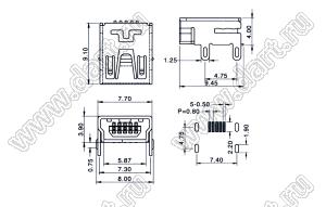 US01-533 розетка мини USB2.0 для поверхностного (SMD) монтажа, 5 конт.