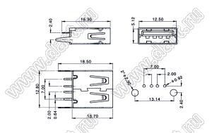 US01-706 вилка USB2.0 на плату для выводного монтажа прямая вертикальные тип A