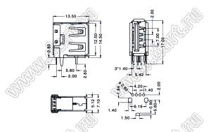 US01-037 розетка USB2.0 на плату для выводного монтажа угловая вертикальные тип A