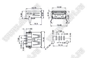 US01-146 (USBA-F-SM) USB Famale SMT 90° A type with PEG розетка USB2.0 на плату SMD тип A с монтажными выводами