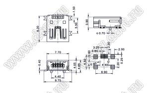 US01-285 розетка мини USB2.0 для поверхностного (SMD) монтажа, 5 конт.,(0.4)