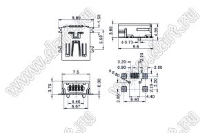 US01-439 розетка мини USB2.0 для поверхностного (SMD) монтажа, 5 конт.,(0.3)