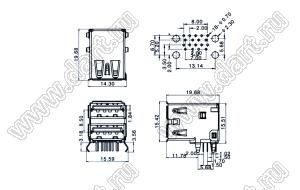 US01-109 сдвоенные розетки USB3.0 на плату для выводного монтажа угловые горизонтальная тип A