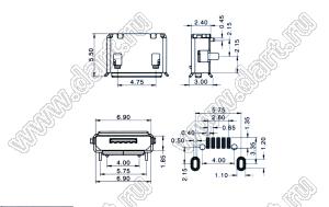 US01-528 розетка микро USB2.0 для поверхностного (SMD) монтажа, тип AB, 5 конт.