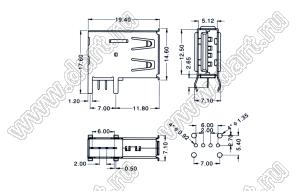 US01-213BR (482040001) розетка USB2.0 на плату для выводного монтажа угловая вертикальные тип A