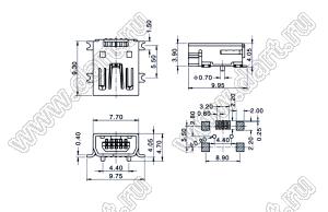 US01-666 розетка мини USB2.0 для поверхностного (SMD) монтажа, тип AB, 5 конт.