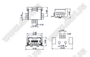 US10-075 (USB 4PIN (P4-2) USB-C-01M) розетка мини USB2.0 для поверхностного (SMD) монтажа, 4 конт., c петлей