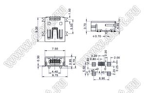 US01-451 розетка мини USB2.0 для поверхностного (SMD) монтажа, 5 конт.,(0.3)