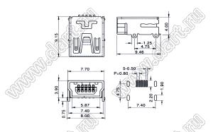 US01-590 розетка мини USB2.0 для поверхностного (SMD) монтажа, 5 конт.