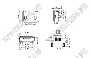 US01-703 розетка микро USB2.0 для поверхностного (SMD) монтажа, тип AB, 5 конт.